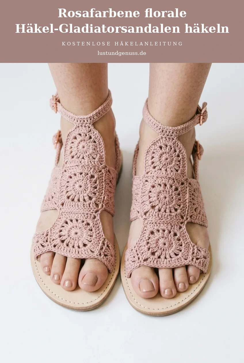 Rosafarbene florale Häkel-Gladiatorsandalen häkeln