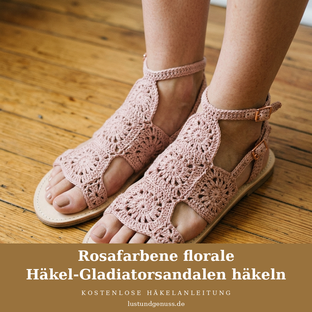 Rosafarbene florale Häkel-Gladiatorsandalen häkeln
