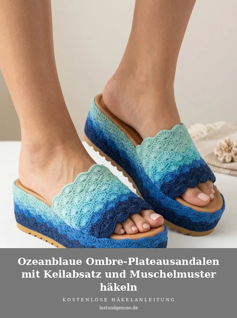 Ozeanblaue Ombre-Plateausandalen mit Keilabsatz und Muschelmuster häkeln