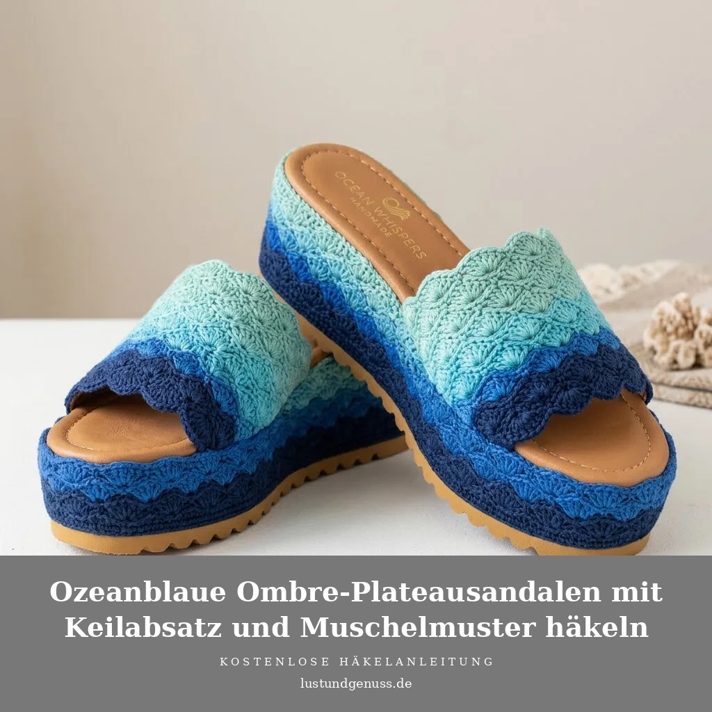 Ozeanblaue Ombre-Plateausandalen mit Keilabsatz und Muschelmuster häkeln