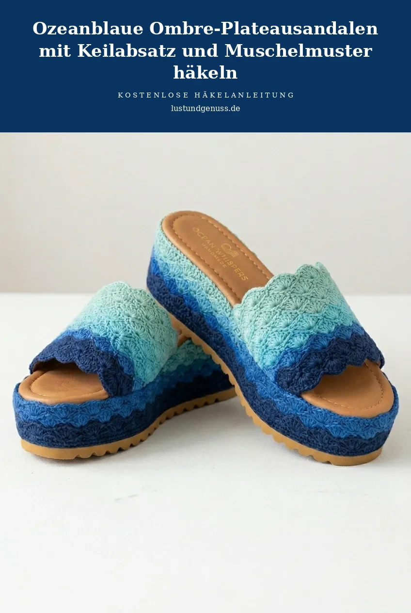 Ozeanblaue Ombre-Plateausandalen mit Keilabsatz und Muschelmuster häkeln