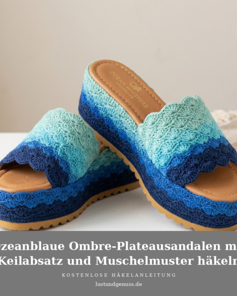 Ozeanblaue Ombre-Plateausandalen mit Keilabsatz und Muschelmuster häkeln