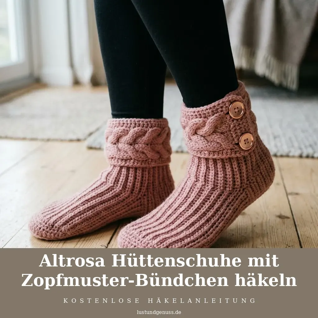 Altrosa Hüttenschuhe mit Zopfmuster-Bündchen häkeln