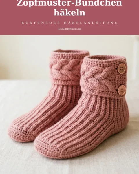 Altrosa Hüttenschuhe mit Zopfmuster-Bündchen häkeln