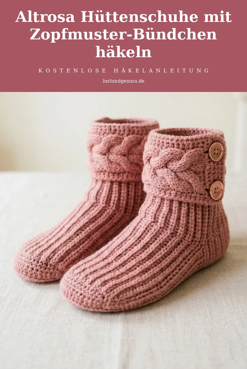 Altrosa Hüttenschuhe mit Zopfmuster-Bündchen häkeln
