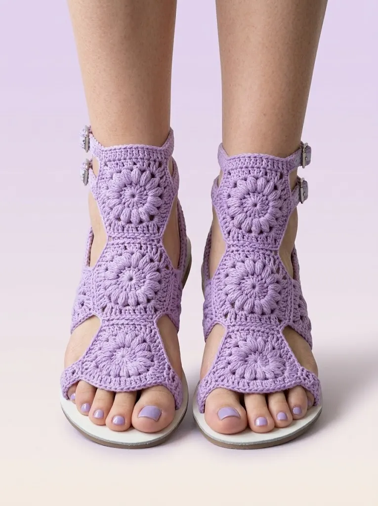 Lavendel-Sandalen aus Häkel-Hexagons häkeln – Gladiator-Look für den Sommer