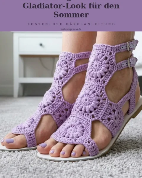 Lavendel-Sandalen aus Häkel-Hexagons häkeln – Gladiator-Look für den Sommer