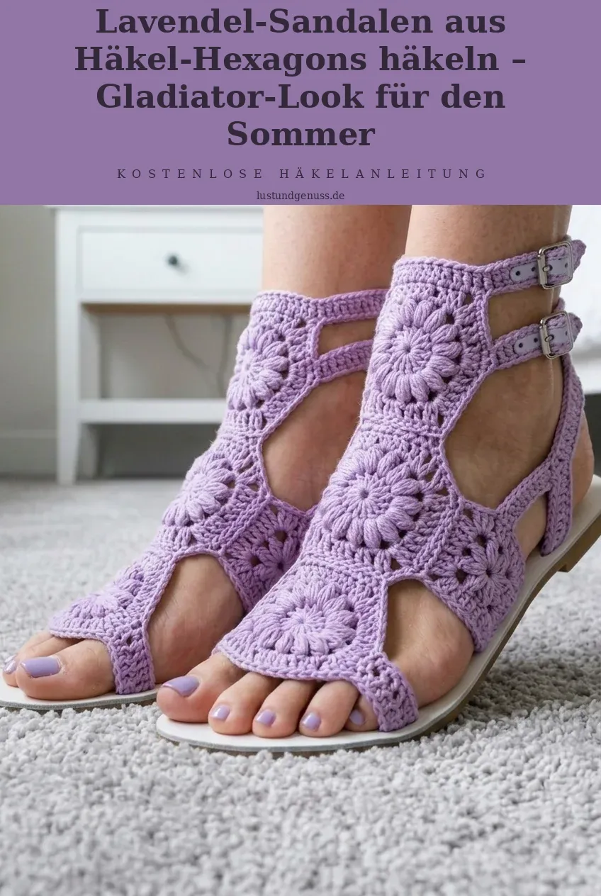 Lavendel-Sandalen aus Häkel-Hexagons häkeln – Gladiator-Look für den Sommer