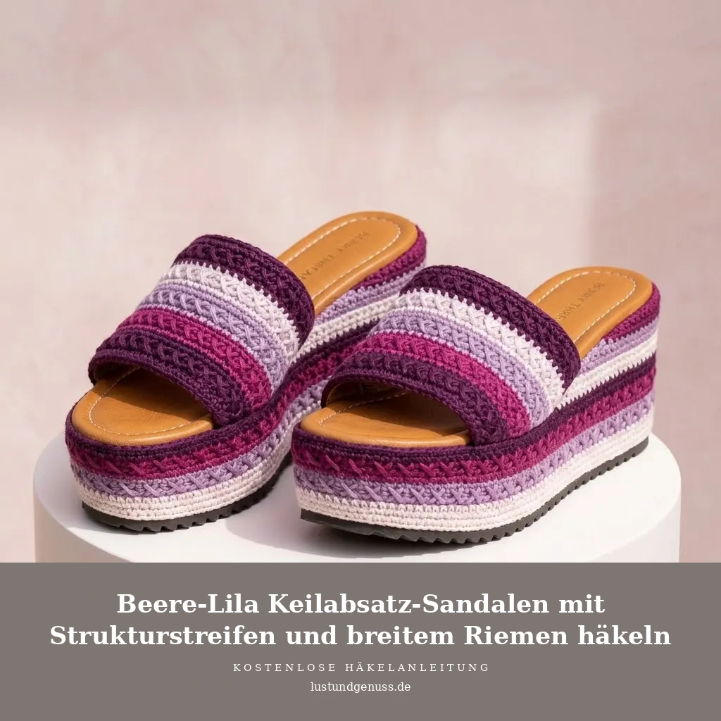 Beere-Lila Keilabsatz-Sandalen mit Strukturstreifen und breitem Riemen häkeln