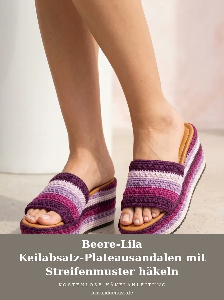 Beere-Lila Keilabsatz-Plateausandalen mit Streifenmuster häkeln