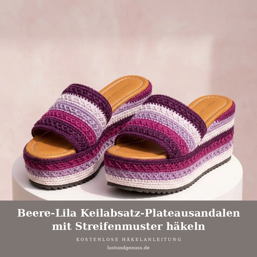 Beere-Lila Keilabsatz-Plateausandalen mit Streifenmuster häkeln