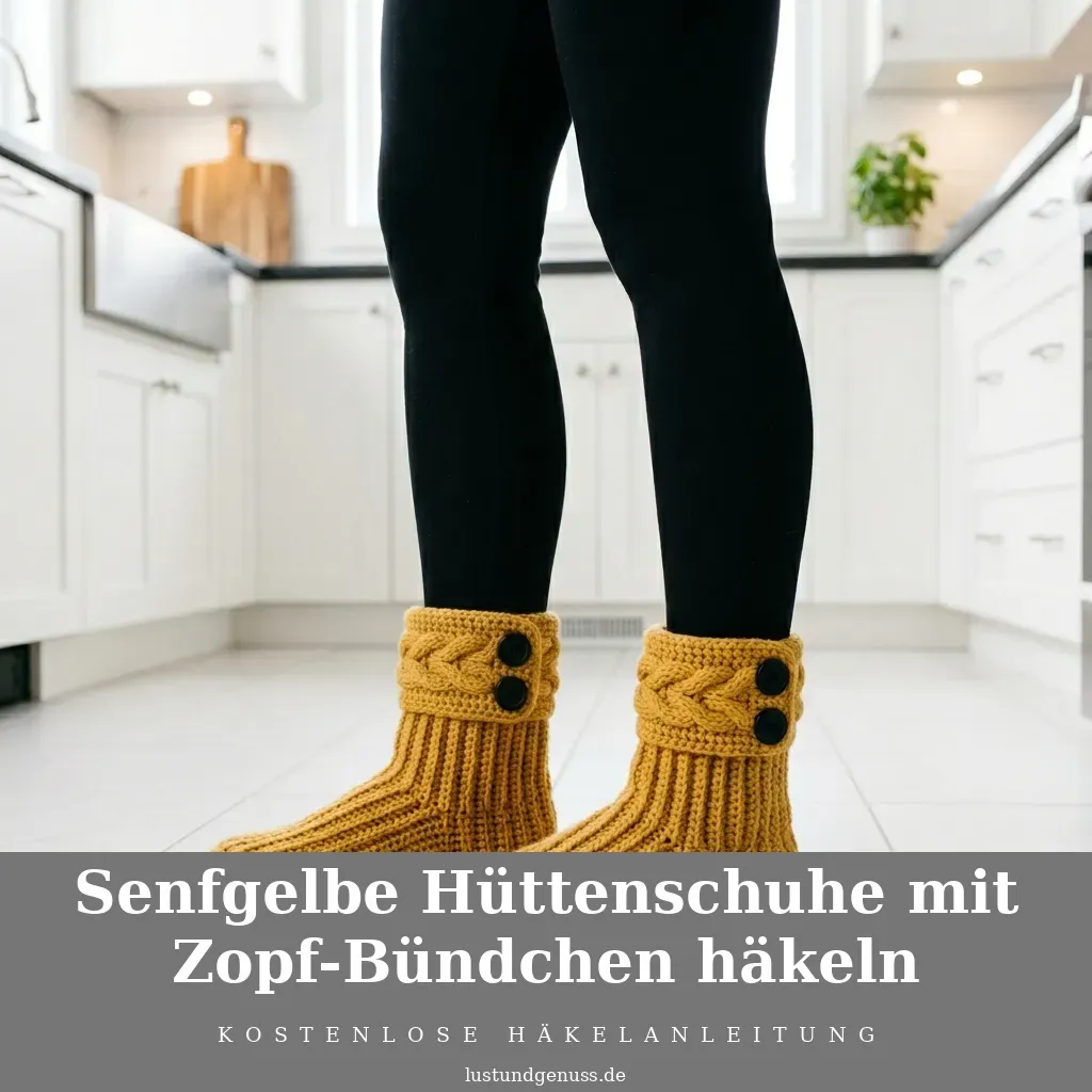 Senfgelbe Hüttenschuhe mit Zopf-Bündchen häkeln
