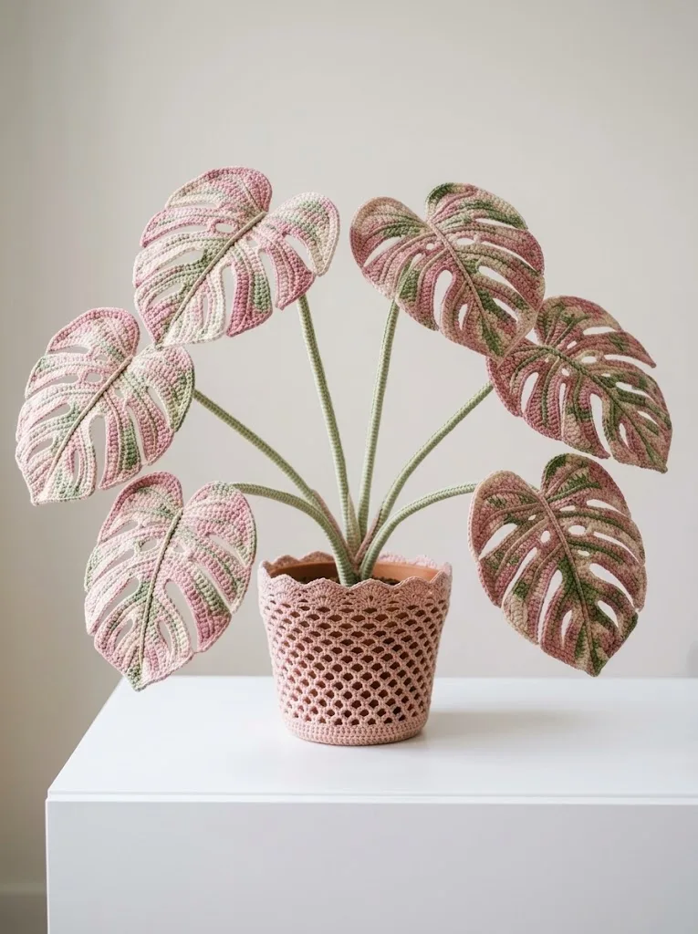 Rosa-weiß panaschierte Monstera häkeln – Trendpflanze ganz ohne Gießen