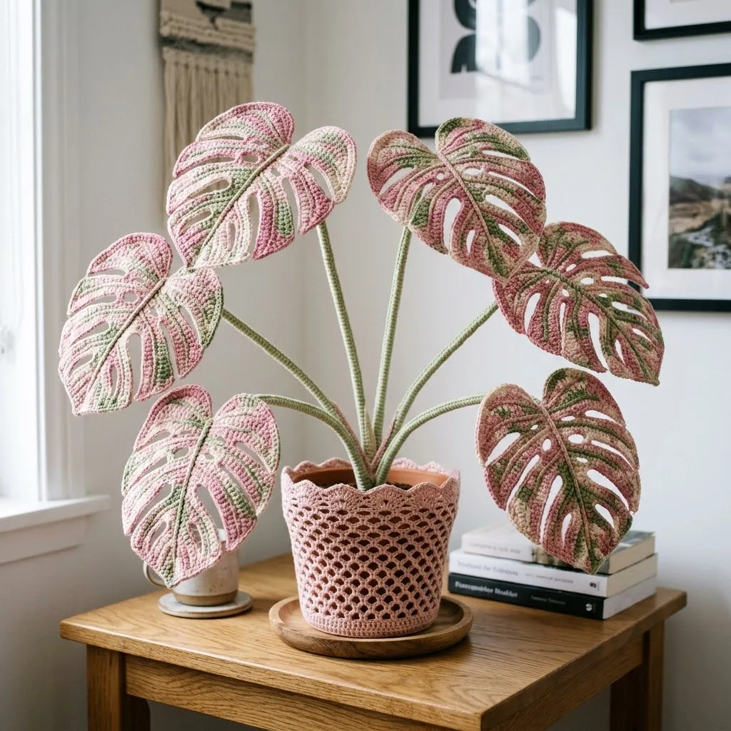 Rosa-weiß panaschierte Monstera häkeln – Trendpflanze ganz ohne Gießen