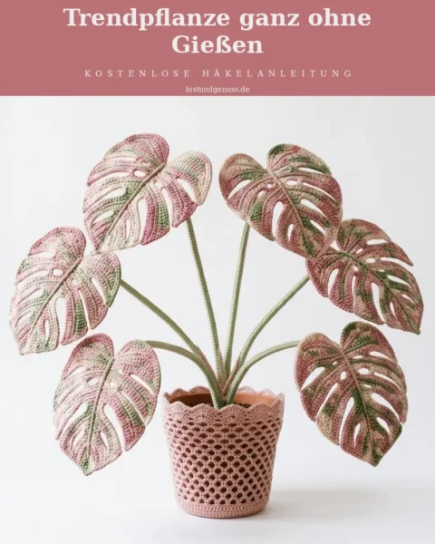 Rosa-weiß panaschierte Monstera häkeln – Trendpflanze ganz ohne Gießen