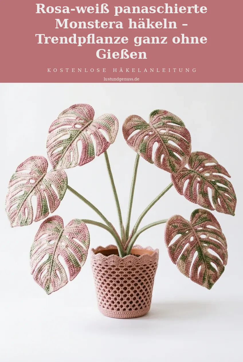 Rosa-weiß panaschierte Monstera häkeln – Trendpflanze ganz ohne Gießen