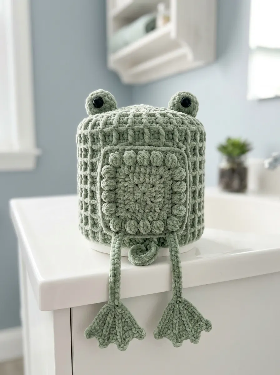 Frosch-Kloppapierhülle in Salbeigrün häkeln – mit Noppenbauch und baumelnden Beinen