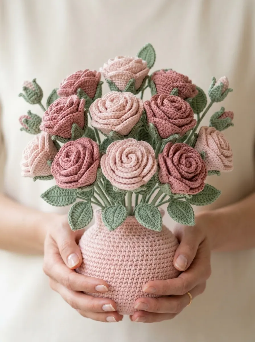 Rosengarten-Vase mit Häkelrosen häkeln – Blumen, die nie verwelken
