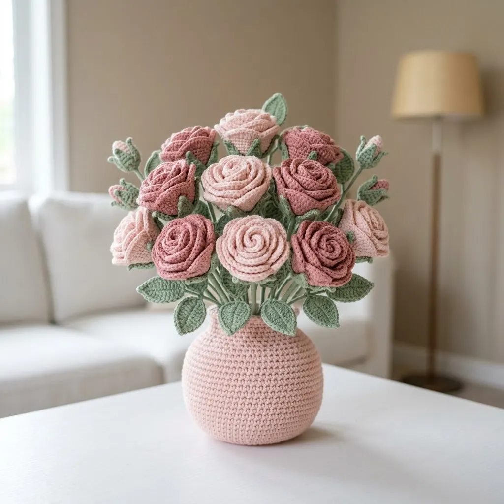 Rosengarten-Vase mit Häkelrosen häkeln – Blumen, die nie verwelken