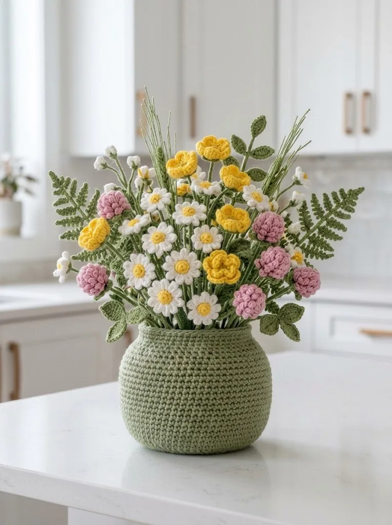 Wiesenblumen-Arrangement mit Topf häkeln – Gänseblümchen, Butterblumen und Farn