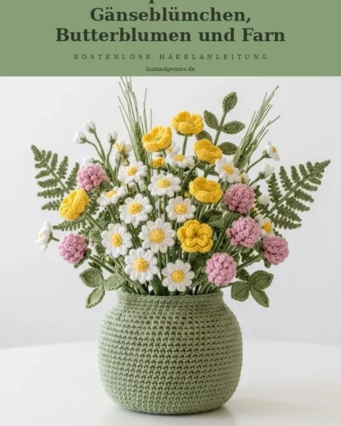Wiesenblumen-Arrangement mit Topf häkeln – Gänseblümchen, Butterblumen und Farn