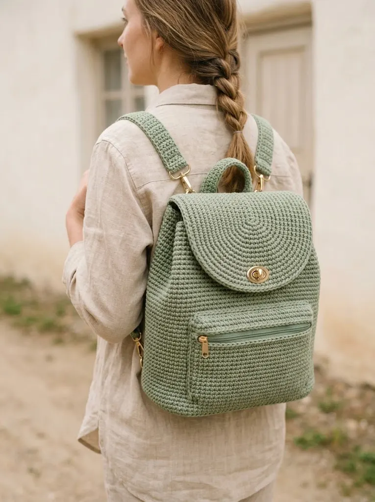 Salbeigrüner Boho-Rucksack häkeln