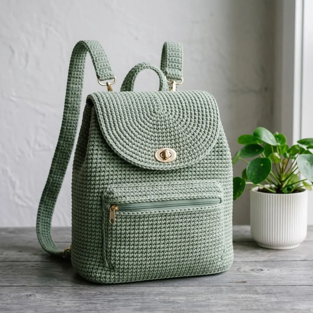 Salbeigrüner Boho-Rucksack häkeln