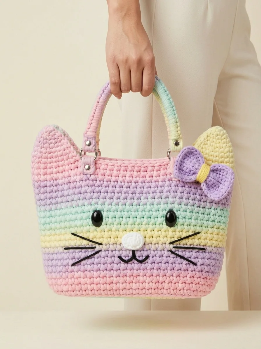 Pastell-Regenbogen-Katzen-Tasche für Kinder häkeln