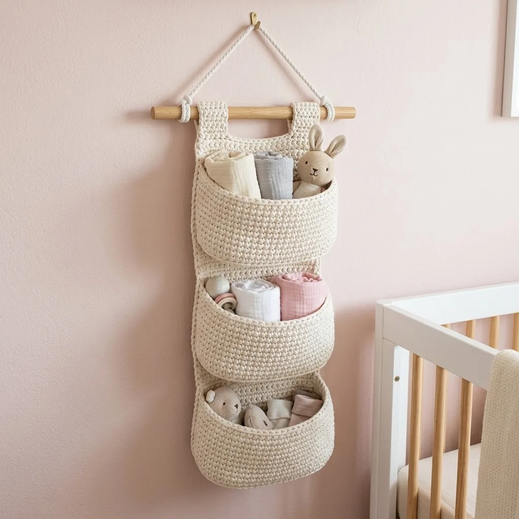 Praktischer Wand-Organizer mit drei Taschen aus Baumwolle häkeln
