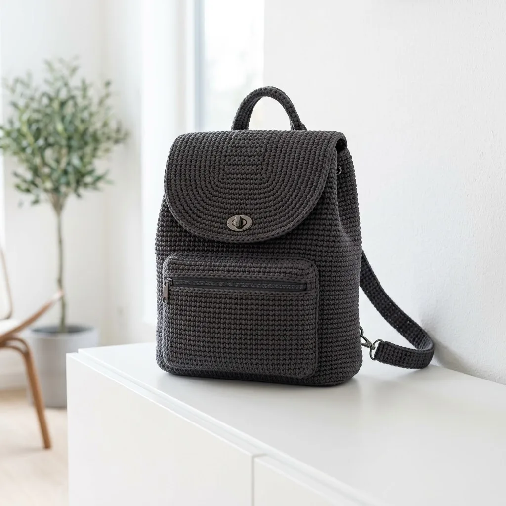 Rucksack in Dunkelgrau im modernen Look häkeln