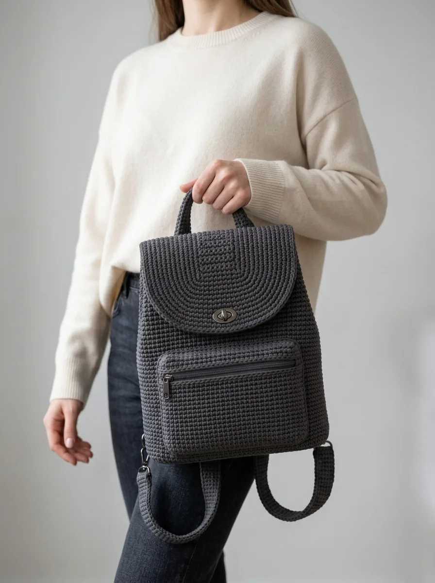Moderner Rucksack in Anthrazit aus Kordelgarn häkeln