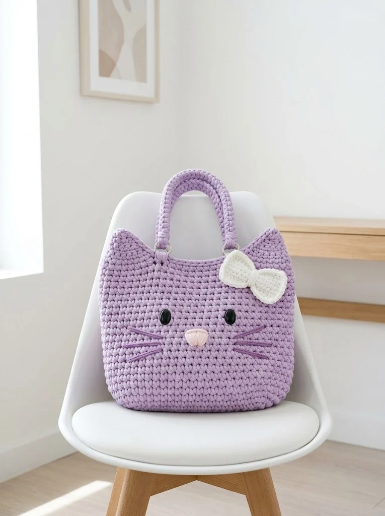 Katzen-Tasche in Lavendel aus dickem Garn häkeln