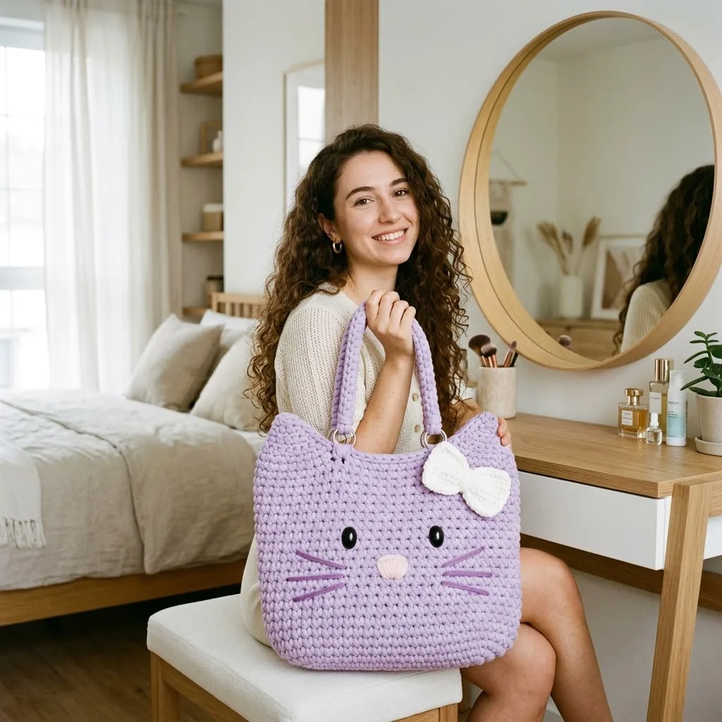 Katzen-Tasche in Lavendel aus dickem Garn häkeln