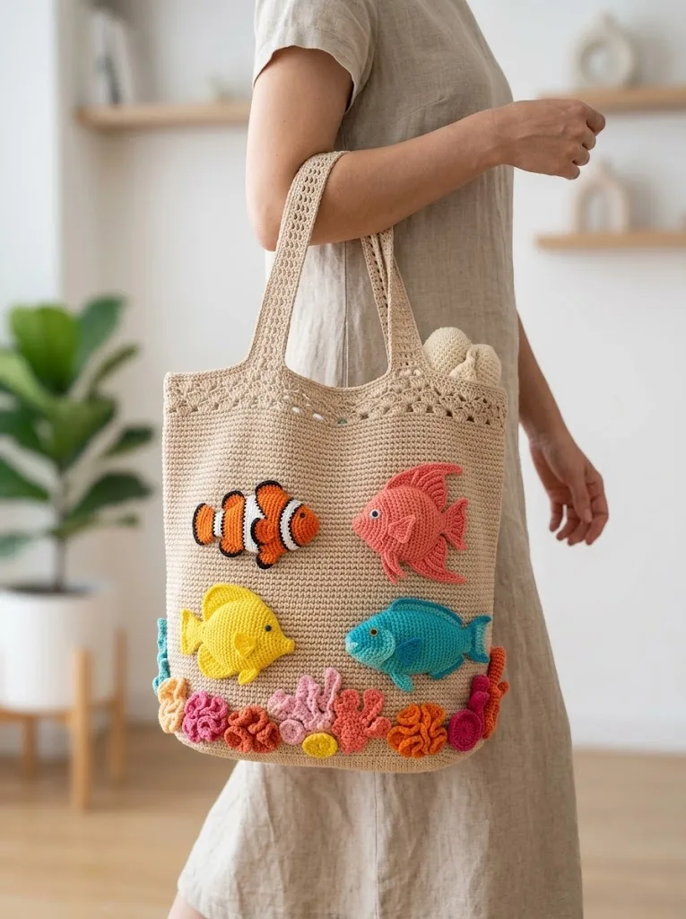 Korallenriff-Fisch-Strandtasche mit Applikationen häkeln