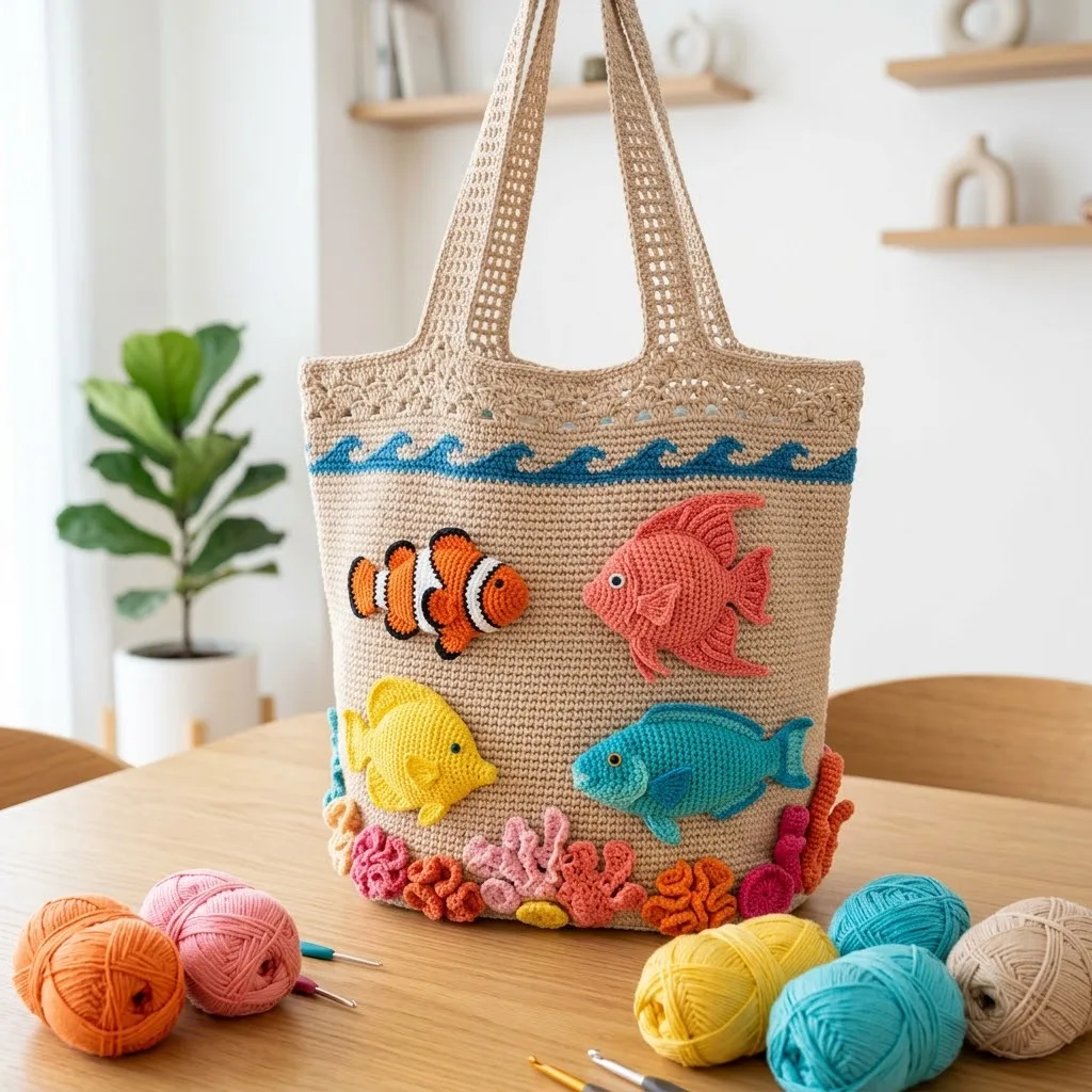 Korallenriff-Fisch-Strandtasche mit Applikationen häkeln