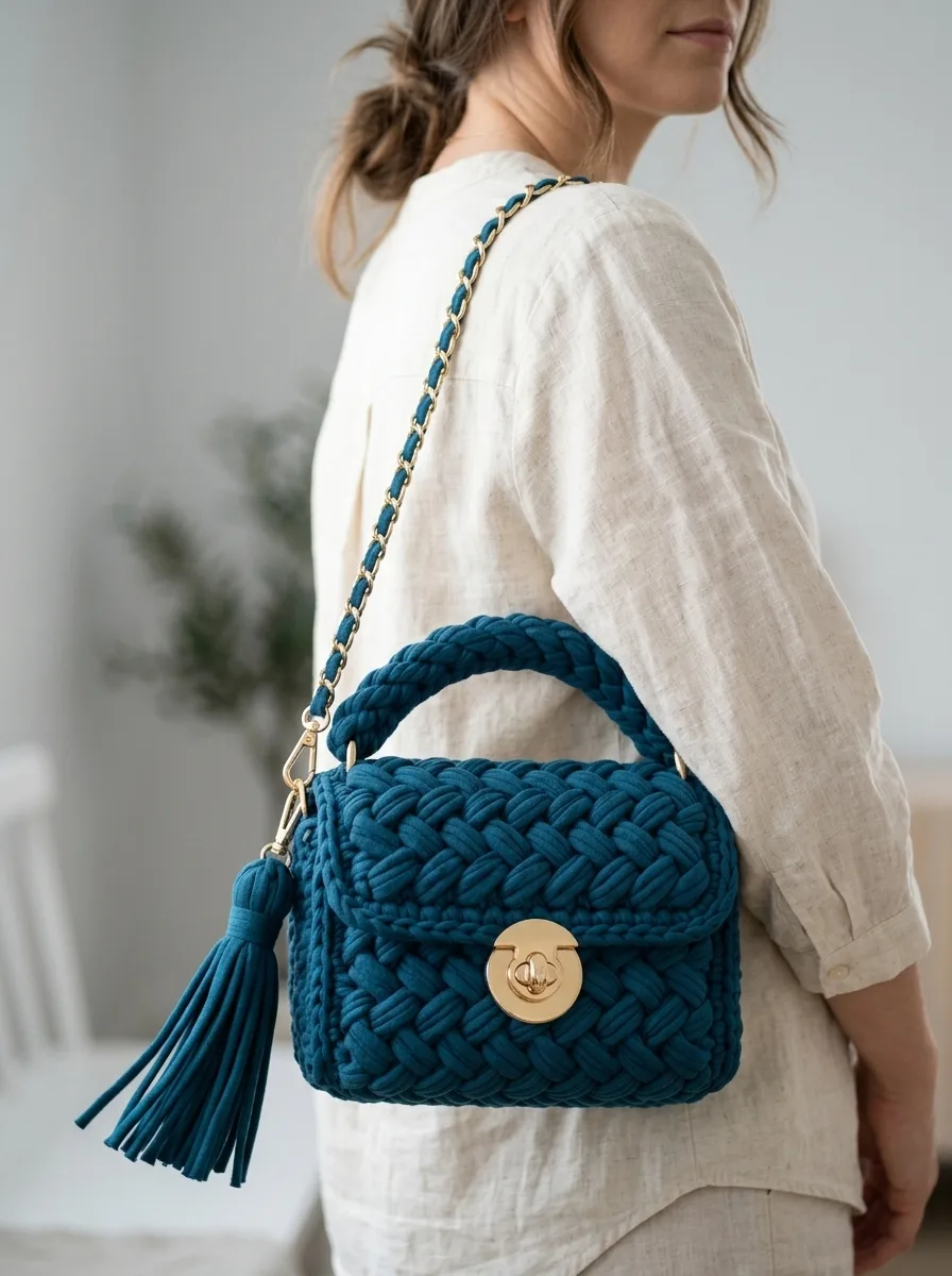 Clutch im Korbflecht-Look in Ozean-Teal häkeln