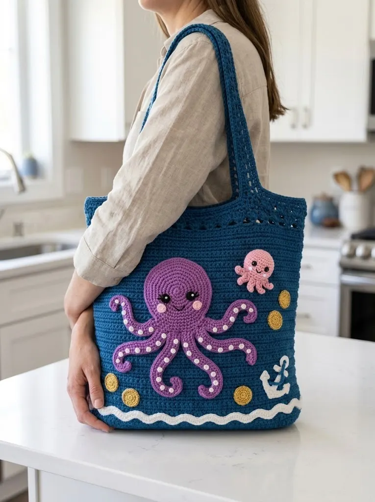 Oktopus-Tragetasche in Ozeanblau häkeln