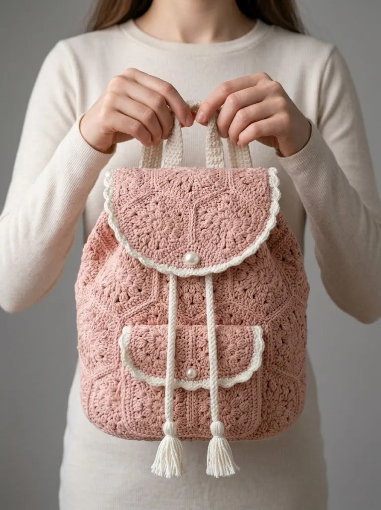 Romantischer Granny-Rucksack in Zartrosa häkeln
