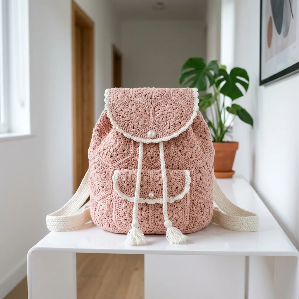 Romantischer Granny-Rucksack in Zartrosa häkeln