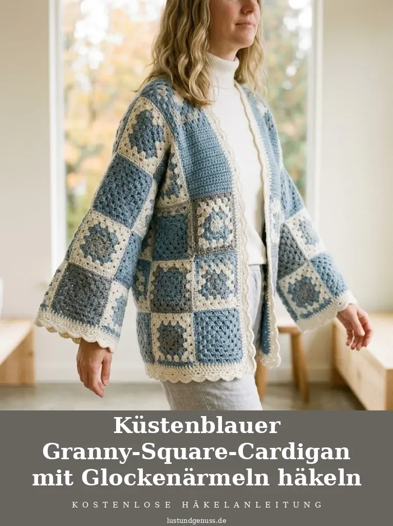 Küstenblauer Granny-Square-Cardigan mit Glockenärmeln häkeln