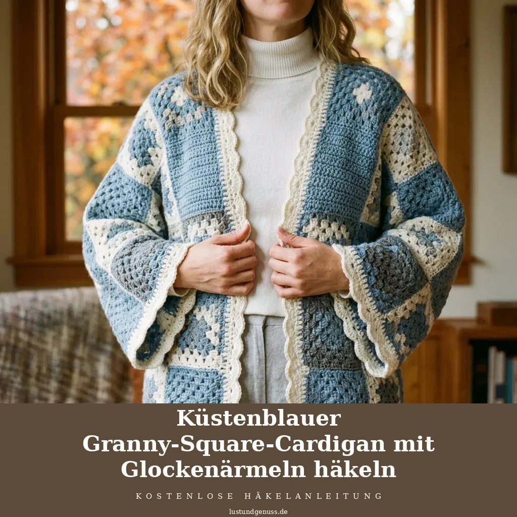 Küstenblauer Granny-Square-Cardigan mit Glockenärmeln häkeln
