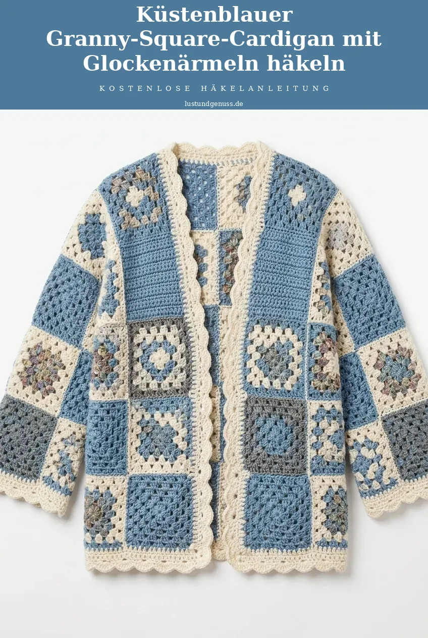 Küstenblauer Granny-Square-Cardigan mit Glockenärmeln häkeln