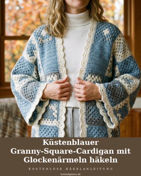 Küstenblauer Granny-Square-Cardigan mit Glockenärmeln häkeln