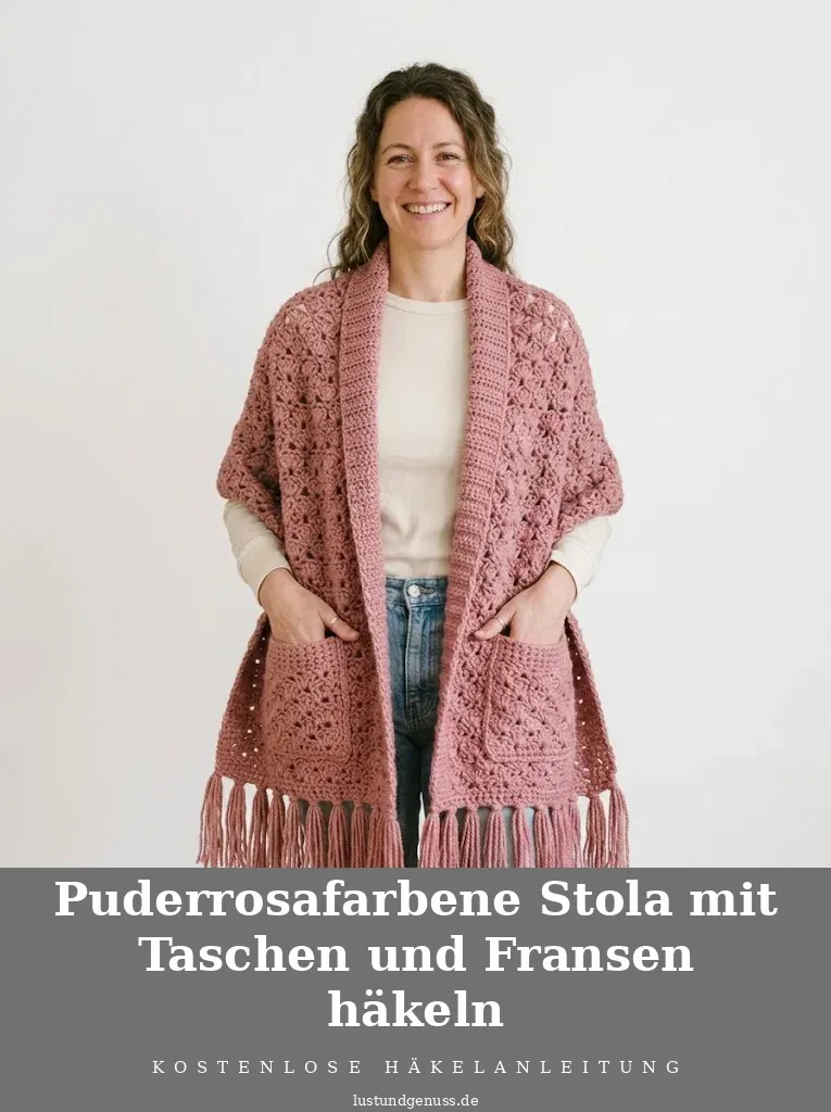 Puderrosafarbene Stola mit Taschen und Fransen häkeln