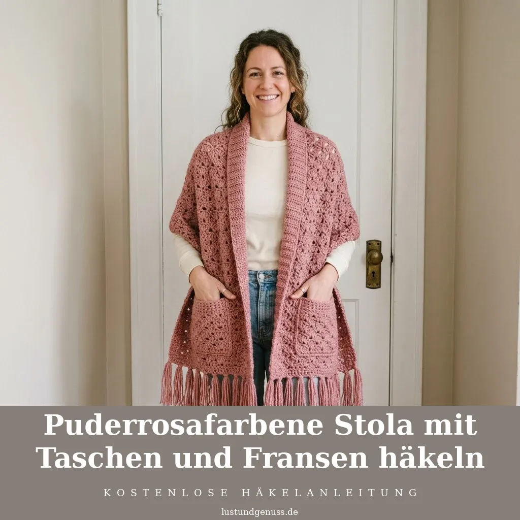 Puderrosafarbene Stola mit Taschen und Fransen häkeln