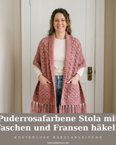 Puderrosafarbene Stola mit Taschen und Fransen häkeln