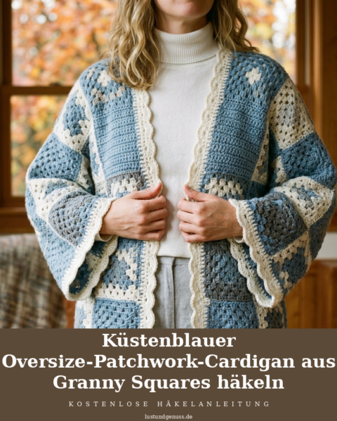 Küstenblauer Oversize-Patchwork-Cardigan aus Granny Squares häkeln