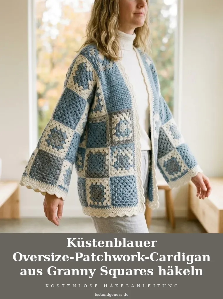 Küstenblauer Oversize-Patchwork-Cardigan aus Granny Squares häkeln