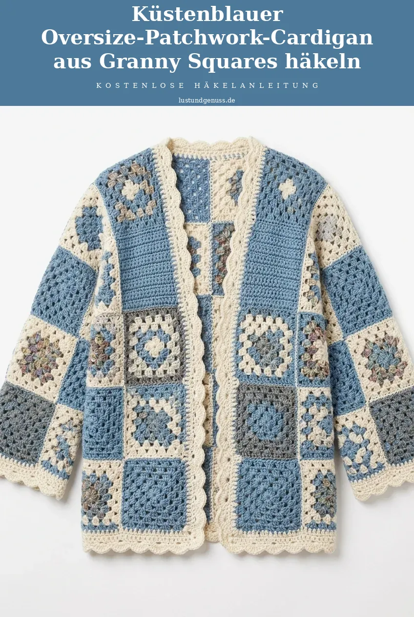 Küstenblauer Oversize-Patchwork-Cardigan aus Granny Squares häkeln