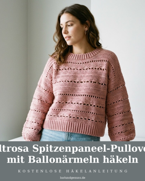 Altrosa Spitzenpaneel-Pullover mit Ballonärmeln häkeln